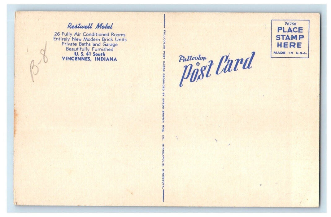 Aerial View Of Restwell Motel U.S. Highway Vincennes Indiana IN Vintage Postcard