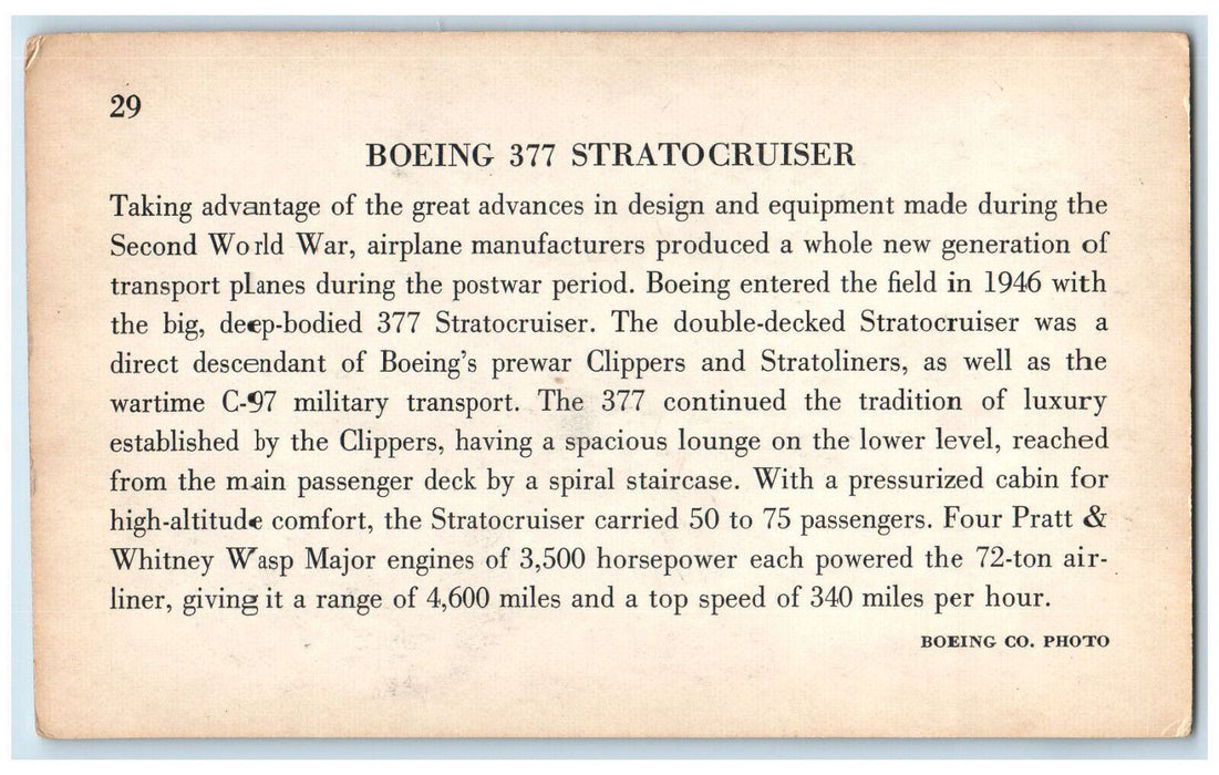 c1940's Boeing 377 Stratocruiser Airplane Boeing Co. Photo Vintage Postcard