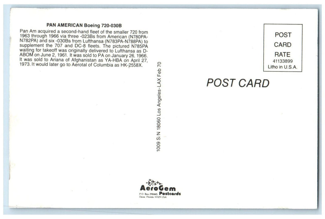 1961 Pan American Airways Boeing 720-030B N785PA Airplane Postcard