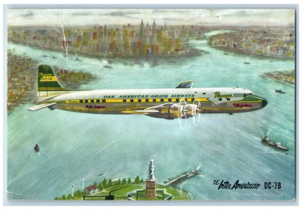 c1950's Pan American Grace Airways El Inter Americano DC-7B Airplane Postcard