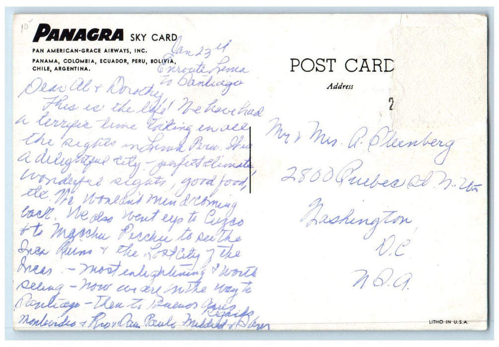 c1950's Pan American Grace Airways El Inter Americano DC-7B Airplane Postcard