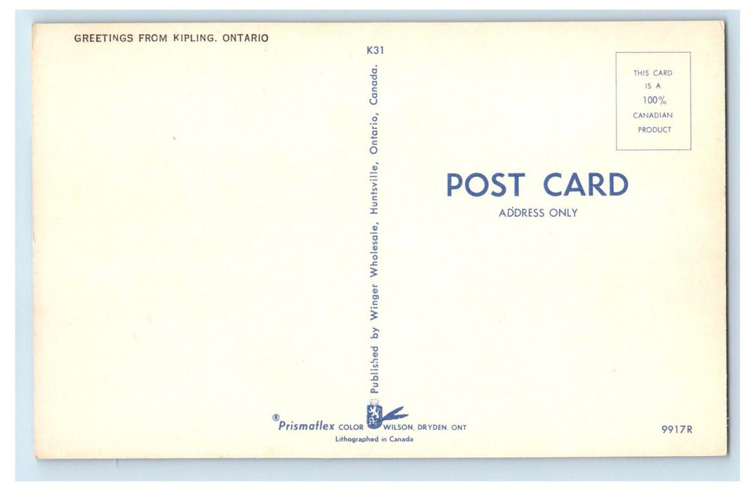 c1930's Greetings From Kipling Ontario Canada, Road View Car Vintage Postcard