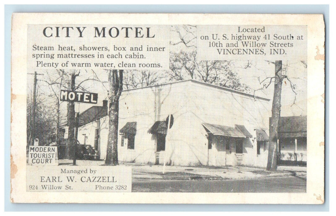 c1910's City Motel Moden Tourist Court Vincennes Indiana IN Antique Postcard