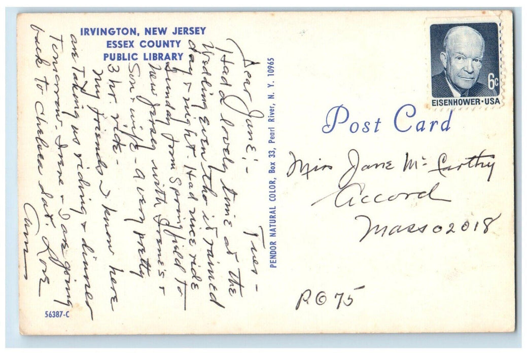 c1960's Public Library Essex County Irvington New Jersey NJ Vintage Postcard