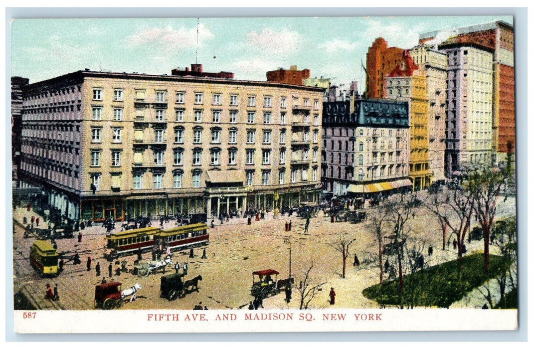 c1905 Trolley, Horse Carriage Fifh Ave. and Madison Square Buildings NY Postcard