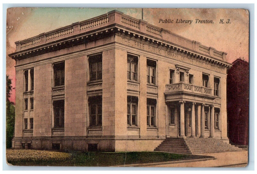 c1911 Vintage Public Library Trenton New Jersey NJ Posted Antique Postcard