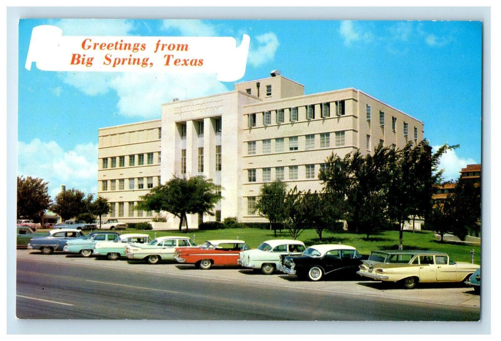 Greetings From Big Spring Texas TX, Building Cars Unposted Vintage Postcard