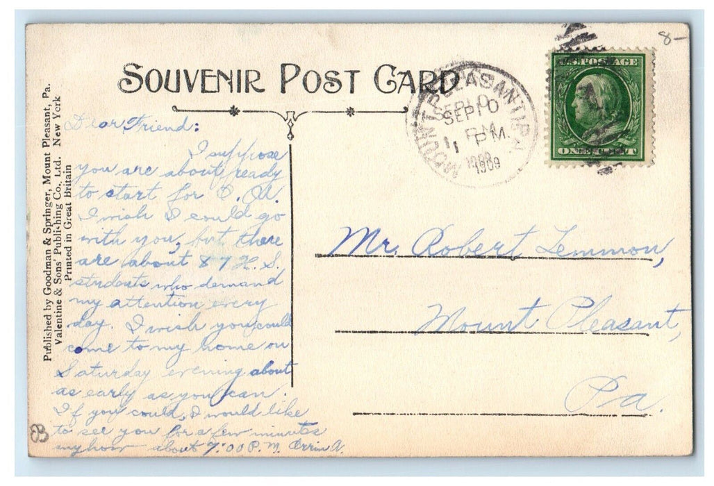 1909 Main Street Looking E. Mount Pleasant Pennsylvania PA Antique Postcard