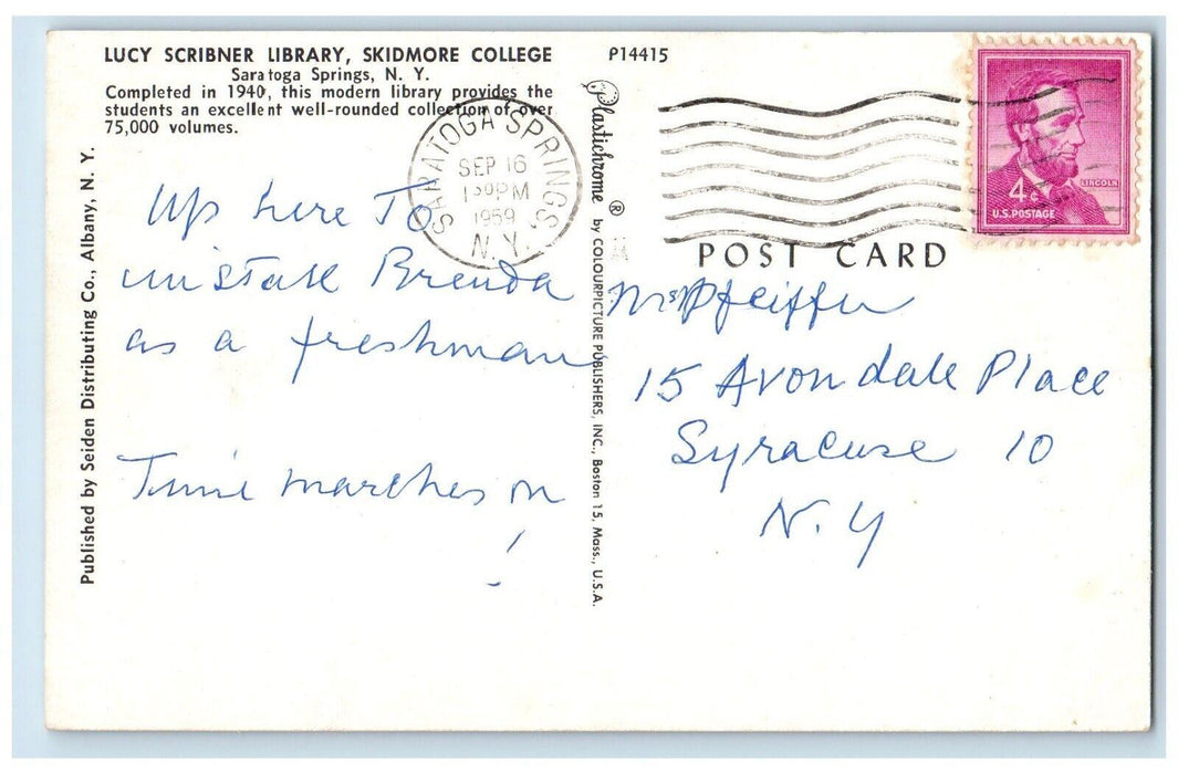 c1960's Lucy Scribner Library Skidmore College Saratoga New York Postcard