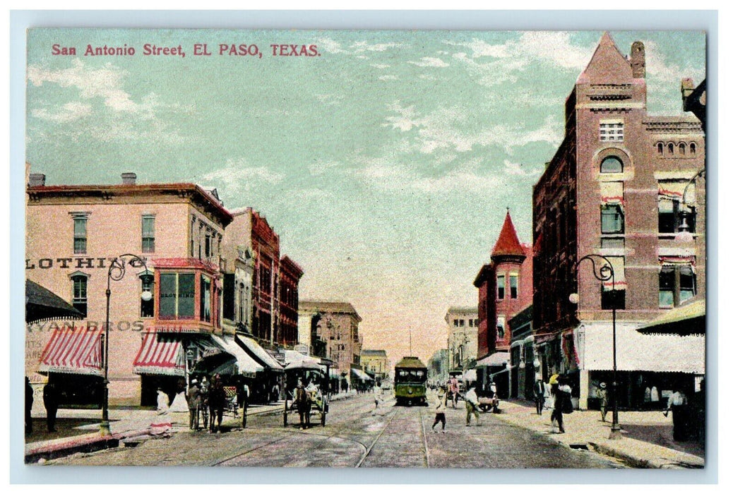 c1910's San Antonio Street Trolley Stores Building El Paso Texas TX Postcard