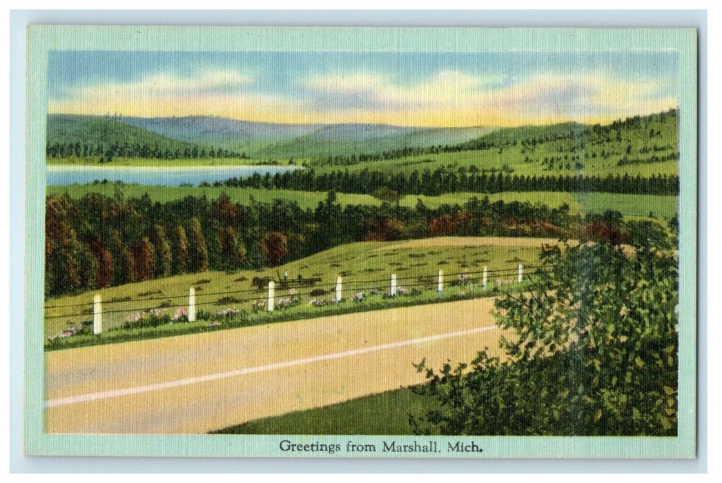 c1930's Greetings From Marshall Michigan MI, Road And Lake View Vintage Postcard