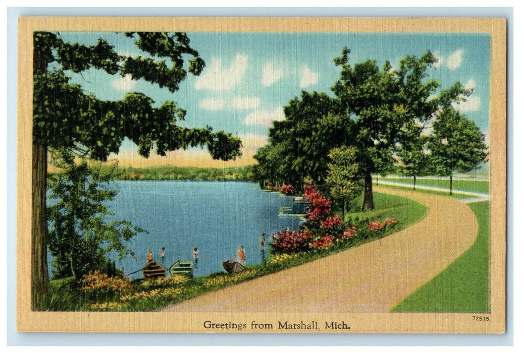 c1930's Greetings From Marshall Michigan MI, Road Lake Boat View Postcard