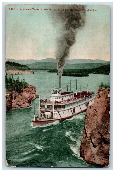 1915 Rock Mts. Steamer White Horse Big Smoke in Five Finger Rapids AK Postcard