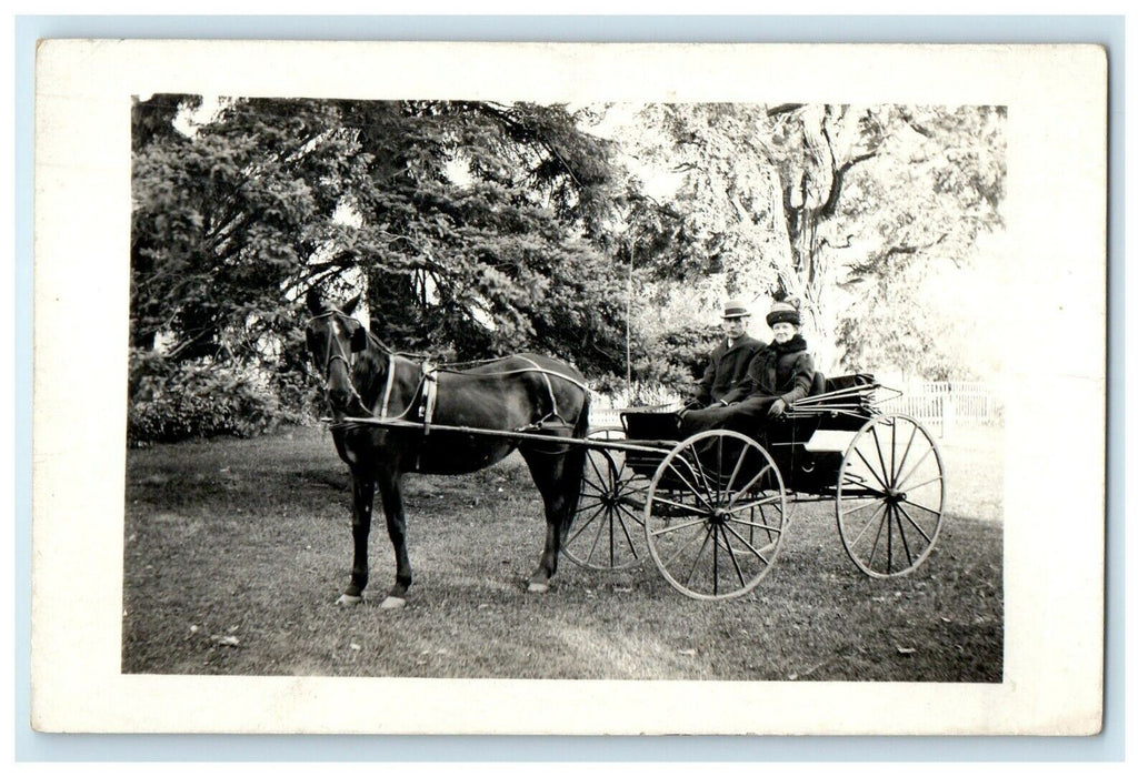 c1910's A Couple Riding Horse Carriage RPPC Photo Posted Antique Postcard