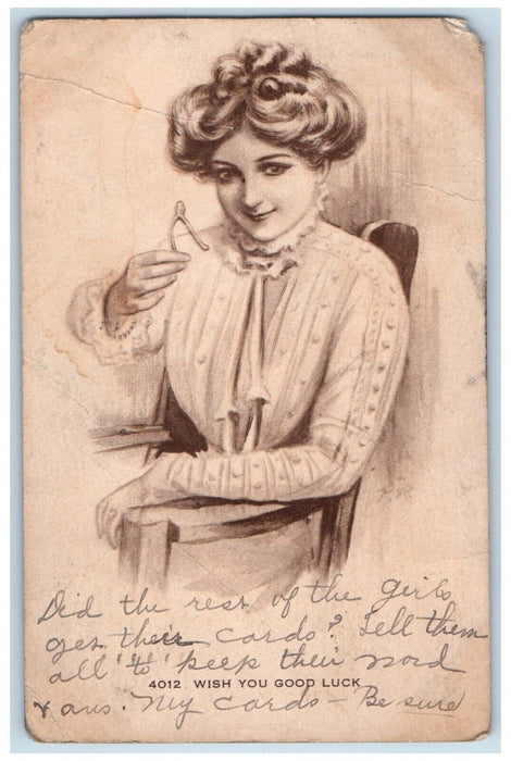1910 Beautiful Girl Holding Wishbone Thanksgiving Wish You Goodluck Postcard