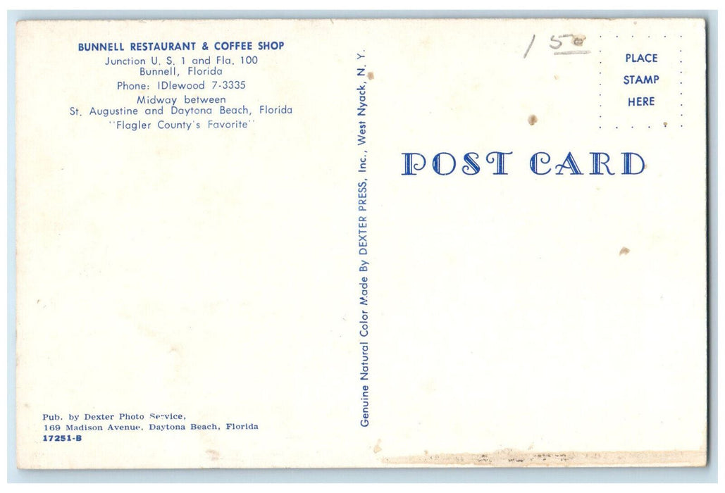 c1960s Bunnell Restaurant & Coffee Shop Bunnell Florida FL Postcard