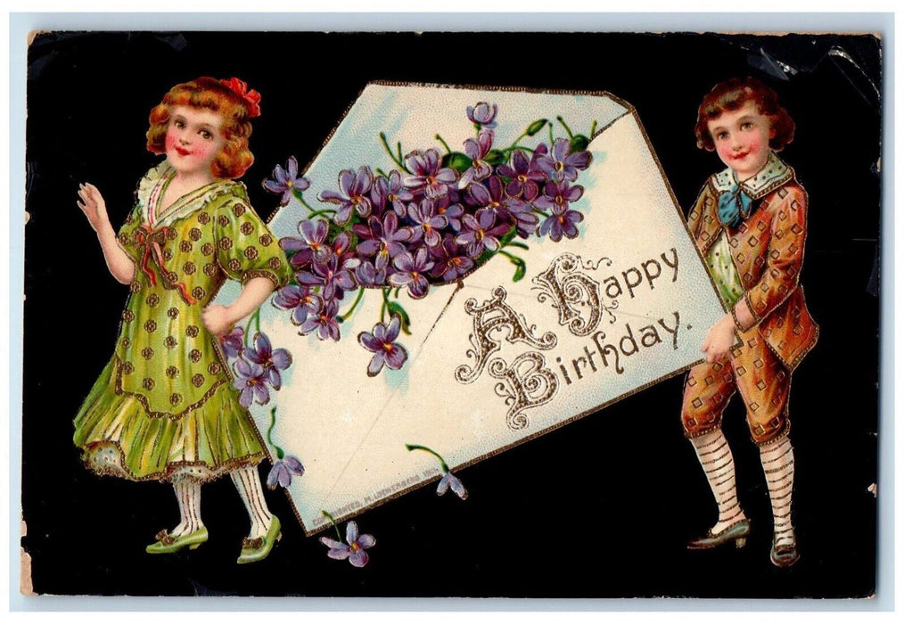 c1910s Happy Birthday Greetings Boy Girl Pansies Envelope Gel Gold Gilt Postcard