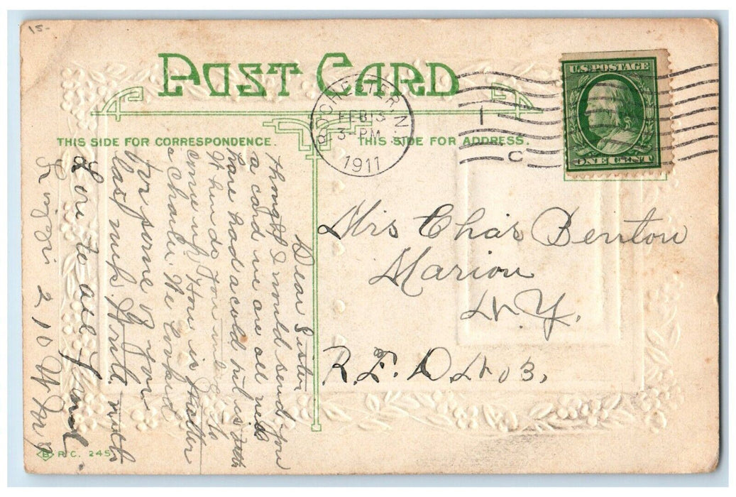 1911 Valentine Poem Pretty Girl Big Hat Flowers Embossed Antique Postcard