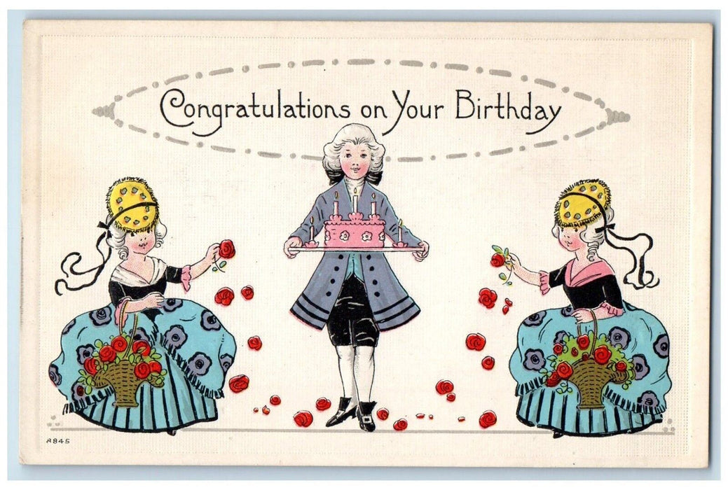 c1910's Birthday Greetings Cake Present Colonial Embossed Antique Postcard