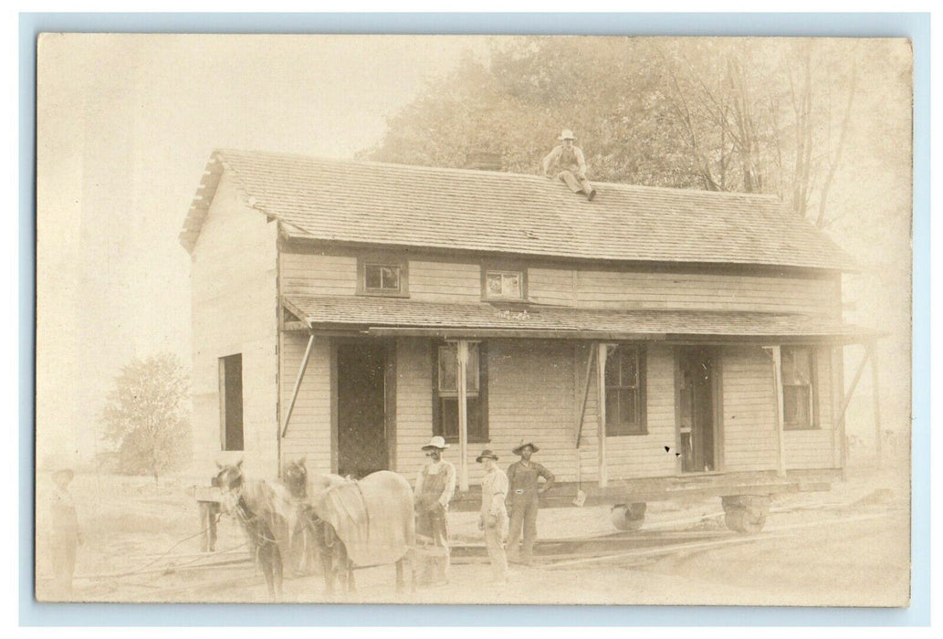 c1910's House Movers Relocation Horses RPPC Photo Antique Postcard