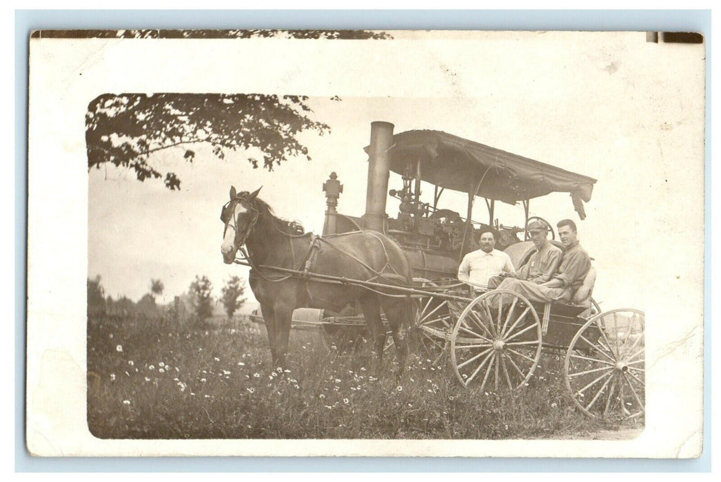 c1910's Boys Riding In Horse Carriage RPPC Photo Traction Steam Engine Postcard