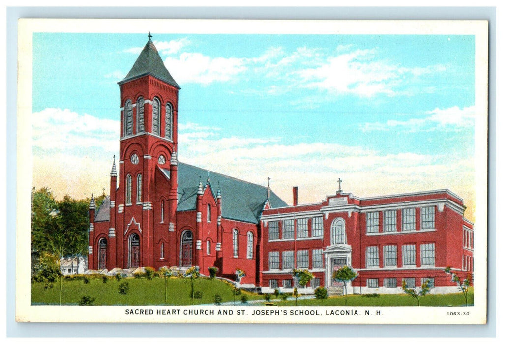 c1930s Sacred Heart Church and St Joseph's School, Laconia NH Postcard