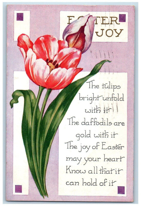 c1930's Easter Joy Tulips Flowers Poem Embossed Posted Vintage Postcard