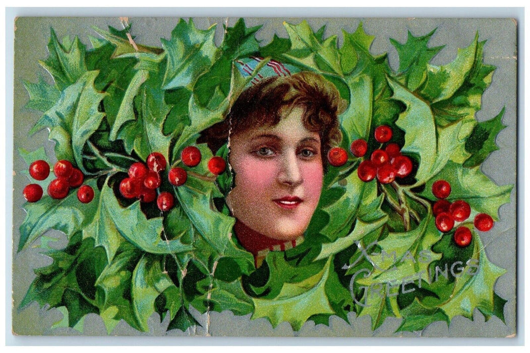 c1910's Xmas Greetings Victorian Girl Head Holly Berries Embossed Postcard