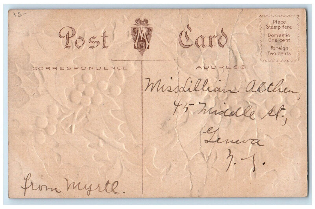 c1910's Xmas Greetings Victorian Girl Head Holly Berries Embossed Postcard