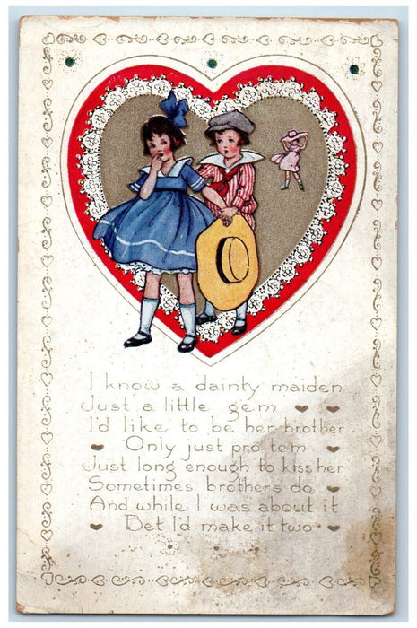 c1905 Valentine Three Childrens In Big Heart Poem Embossed Antique Postcard