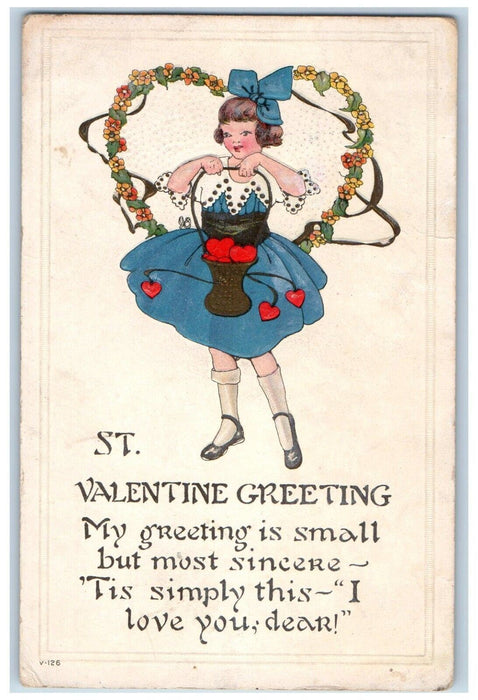 c1910's Valentine Greetings Girl Holding Basket Of Hearts Flowers Postcard