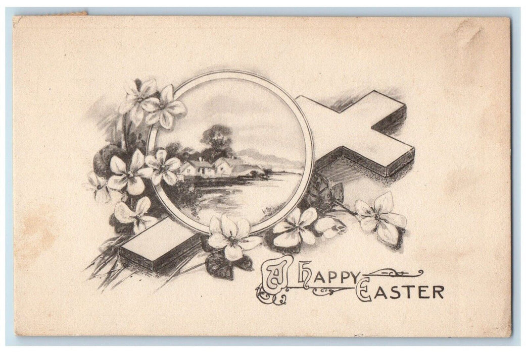 1912 Happy Easter Cross Flowers House And River Davenport New York NY Postcard