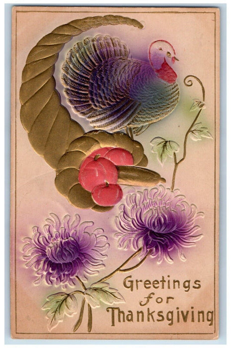 c1910's Thanksgiving Greetings Turkey And Fruits Flowers Embossed Postcard