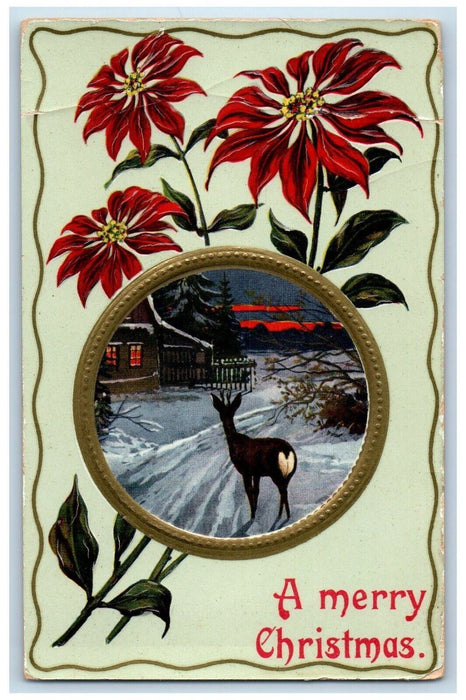 1911 Happy Christmas Poinsettia Flowers Deer Winter Snow Embossed Postcard