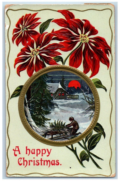 1911 Happy Christmas Poinsettia Flowers Boy Christmas Tree Sled Antique Postcard