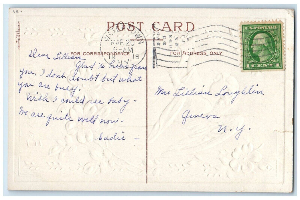 1913 Easter Greetings Cherub Angel White Flowers Embossed Antique Postcard