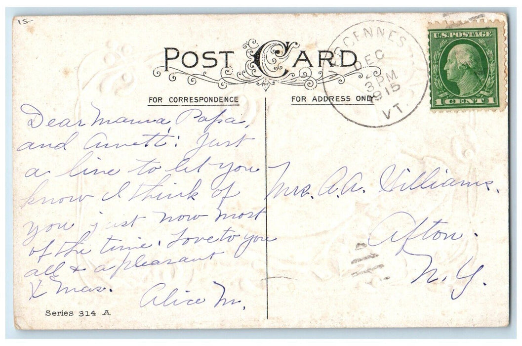 1915 Merry Christmas Santa Claus With Toys Vergennes Vermont VT Antique Postcard
