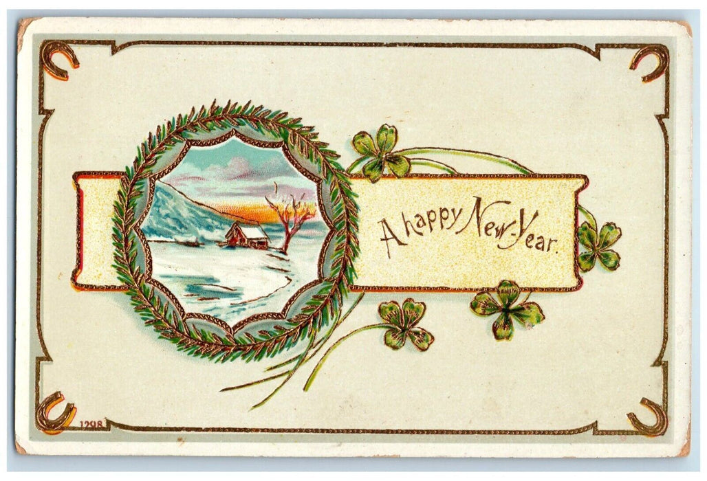 1912 A Happy New Year Winter Snow Gel Gold Gilt Embossed Davenport NY Postcard