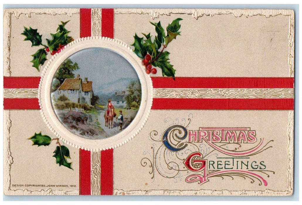 1912 Christmas Greetings Holly Berries John Winsch Embossed Antique Postcard
