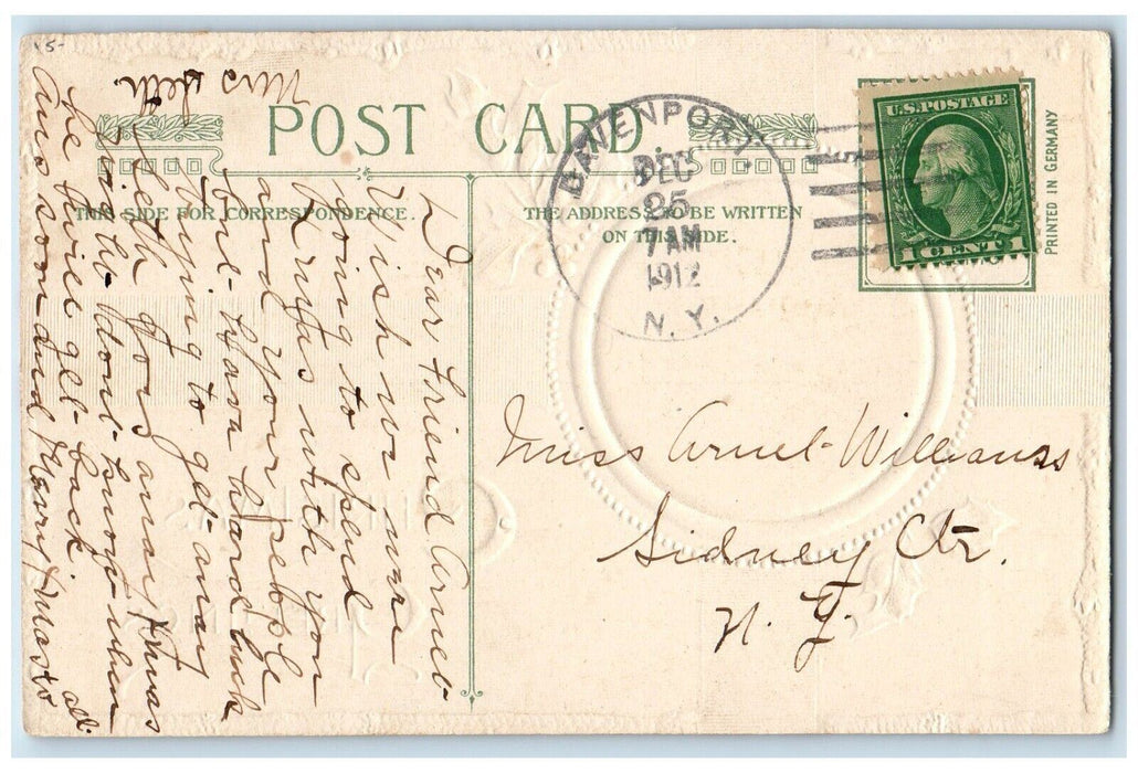 1912 Christmas Greetings Holly Berries John Winsch Embossed Antique Postcard