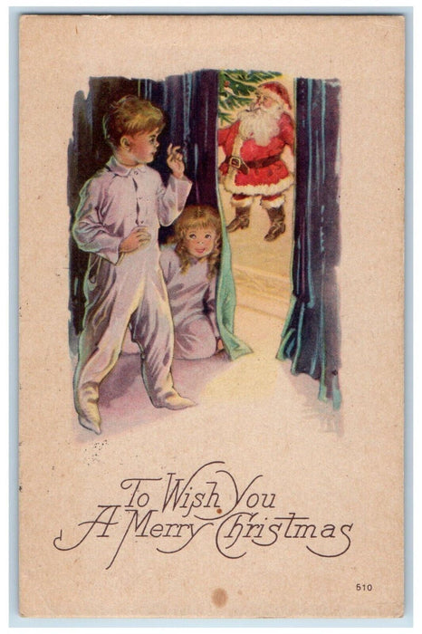 1924 Merry Christmas Childrens Hiding While Watching Santa Claus Postcard