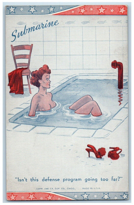 c1910's Girl Bathing In A Bath Tub Submarine Risque WW2 Antique Postcard