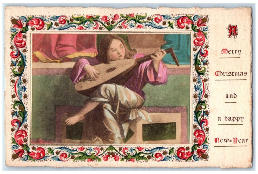 1914 Merry Christmas And Happy New Year Girl Playing Kute Guitar Posted Postcard