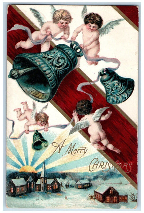 c1910's Merry Christmas Angels Cherub Floating Bells Winter Snow Postcard