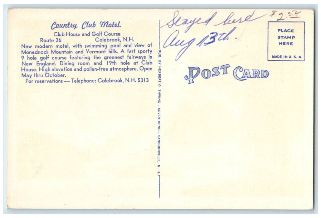 c1950s Country Club Motel, Colebrook New Hampshire NH Vintage Postcard
