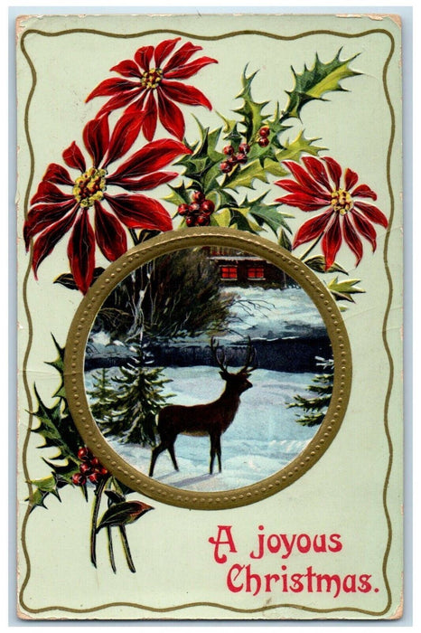 1911 A Joyous Christmas Poinsettia Flowers Deer Winter Snow Embossed Postcard
