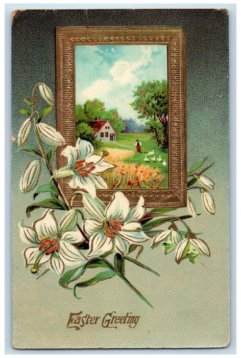 1911 Easter Greetings Lily Flowers House Farm Ducks Gel Gold Gilt Postcard