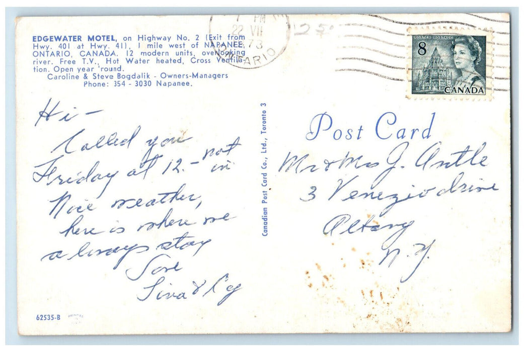 1973 Edgewater Motel, Overlooking River Napanee Ontario Canada Postcard