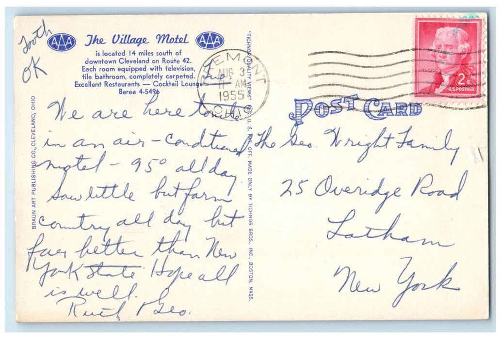 1955 Village Motel, Route 42 Cleveland Ohio OH Vintage Posted Postcard