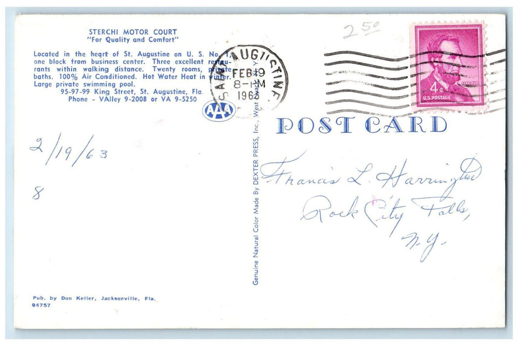 1963 Sterchi Motor Court Located in the Heart of St. Augustine FL Postcard